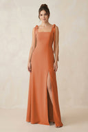 Square Neck Sheath Chiffon Bridesmaid Dress with Bow in Terracotta - KissProm Bridesmaid Dresses