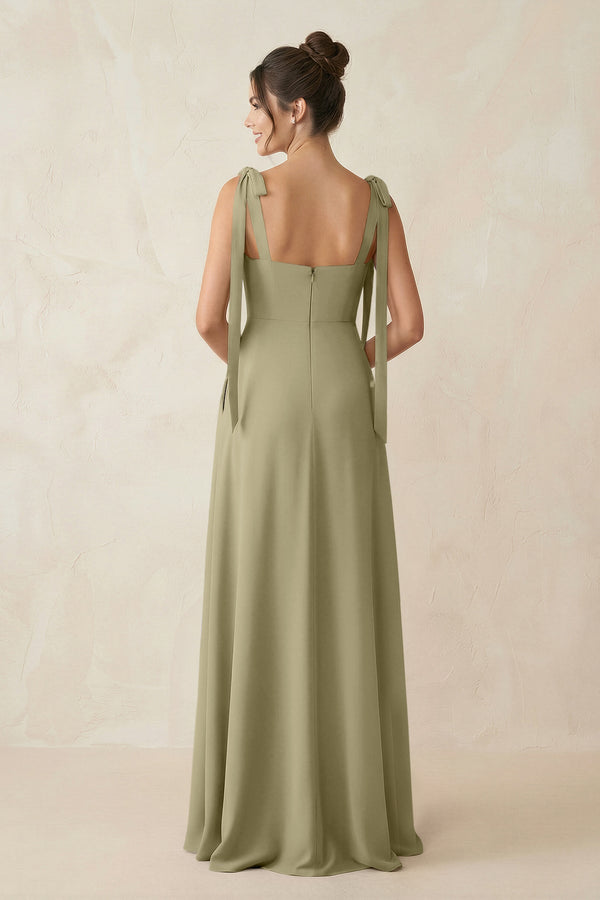 Square Neck Sheath Chiffon Bridesmaid Dress with Bow in Thyme - KissProm Bridesmaid Dresses