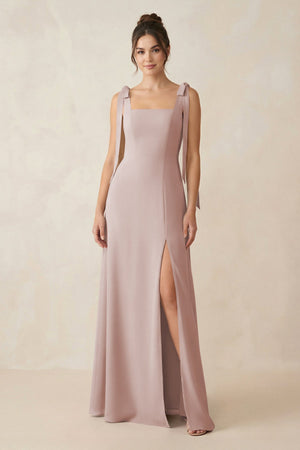 Square Neck Sheath Chiffon Bridesmaid Dress with Bow in Toffee - KissProm Bridesmaid Dresses