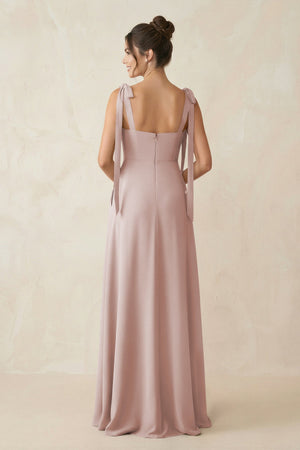 Square Neck Sheath Chiffon Bridesmaid Dress with Bow in Toffee - KissProm Bridesmaid Dresses