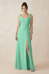 Square Neck Sheath Chiffon Bridesmaid Dress with Bow in Turquoise - KissProm Bridesmaid Dresses