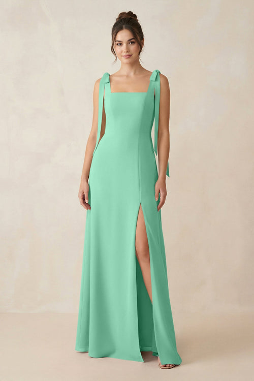 Square Neck Sheath Chiffon Bridesmaid Dress with Bow in Turquoise - KissProm Bridesmaid Dresses