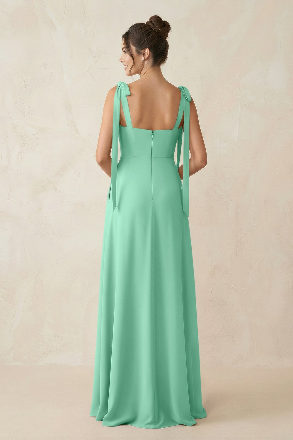 Square Neck Sheath Chiffon Bridesmaid Dress with Bow in Turquoise - KissProm Bridesmaid Dresses