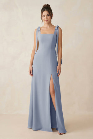 Square Neck Sheath Chiffon Bridesmaid Dress with Bow in Twilight - KissProm Bridesmaid Dresses