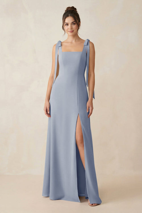 Square Neck Sheath Chiffon Bridesmaid Dress with Bow in Twilight - KissProm Bridesmaid Dresses