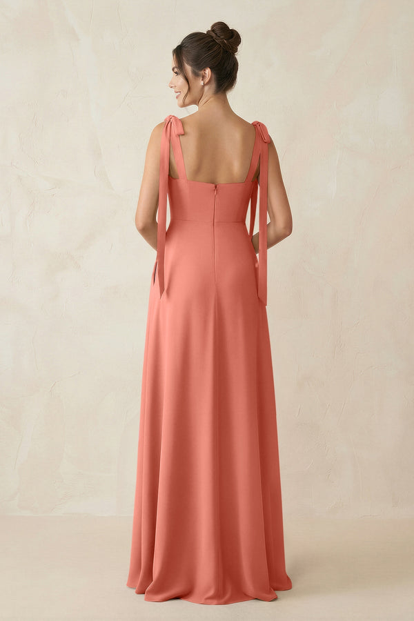 Square Neck Sheath Chiffon Bridesmaid Dress with Bow in Wild Rose - KissProm Bridesmaid Dresses