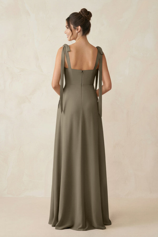 Square Neck Sheath Chiffon Bridesmaid Dress with Bow in Willow Green - KissProm Bridesmaid Dresses