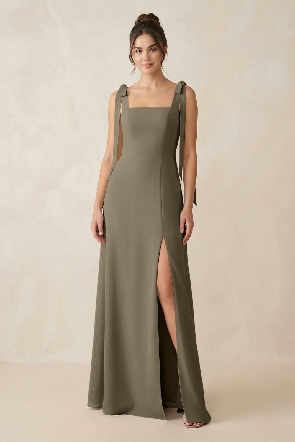 Square Neck Sheath Chiffon Bridesmaid Dress with Bow in Willow Green - KissProm Bridesmaid Dresses