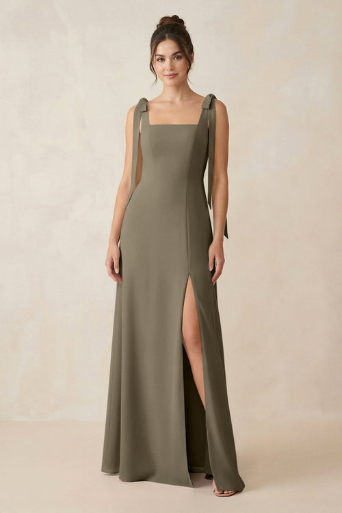 Square Neck Sheath Chiffon Bridesmaid Dress with Bow in Willow Green - KissProm Bridesmaid Dresses