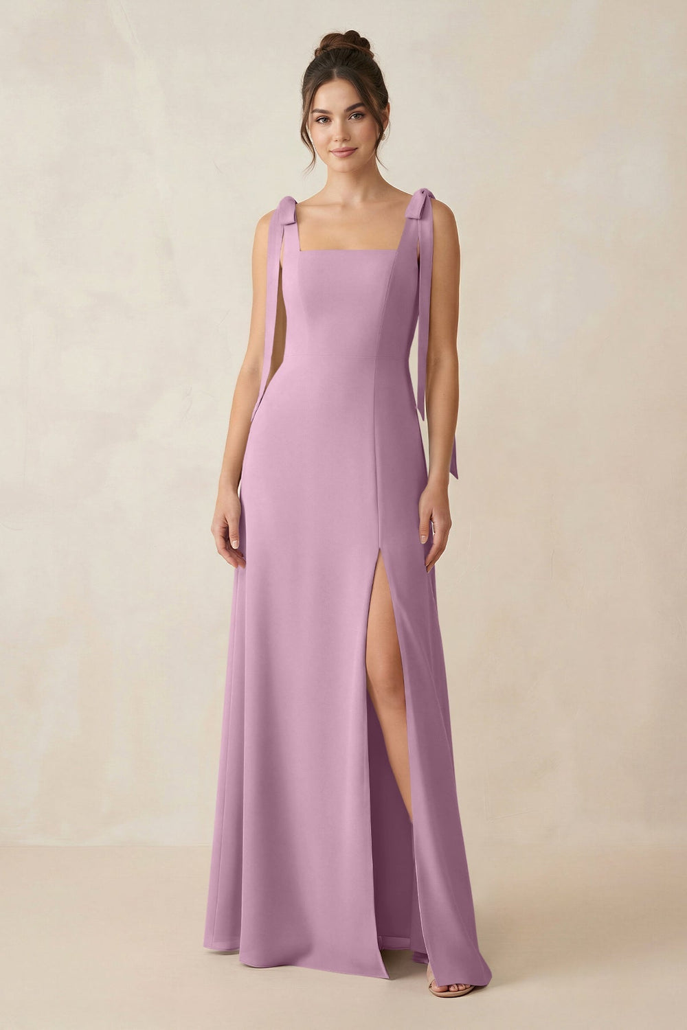 Square Neck Sheath Chiffon Bridesmaid Dress with Bow in Wisteria - KissProm Bridesmaid Dresses