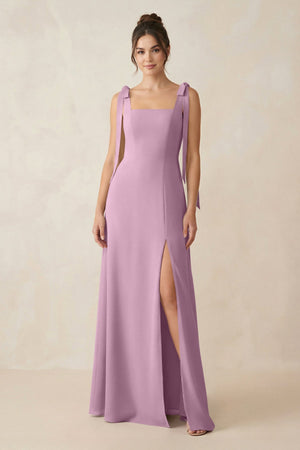 Square Neck Sheath Chiffon Bridesmaid Dress with Bow in Wisteria - KissProm Bridesmaid Dresses
