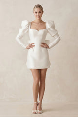 Square Neck Sheath Satin Wedding Dress With Long Sleeves in White - KissProm Wedding Dresses