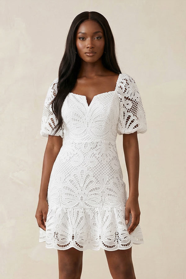 Square Neck Short Sleeves A - Line Lace Wedding Dress in White - KissProm Wedding Dresses
