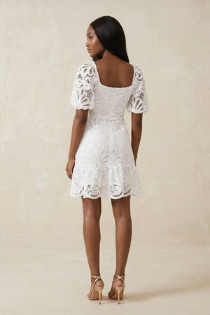 Square Neck Short Sleeves A - Line Lace Wedding Dress in White - KissProm Wedding Dresses