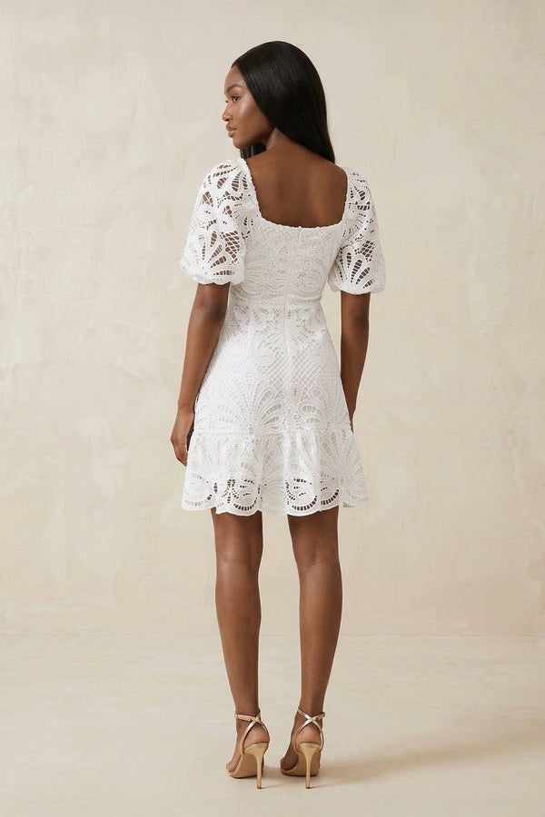 Square Neck Short Sleeves A - Line Lace Wedding Dress in White - KissProm Wedding Dresses