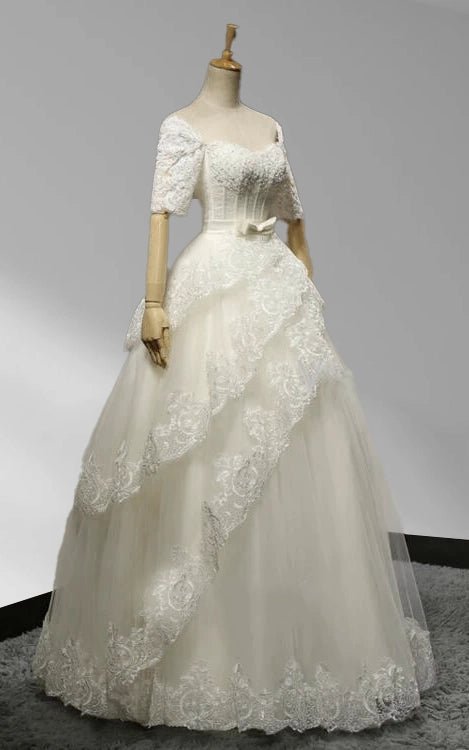 Square Neck Tiers A - line Floor - length Wedding Dress With Appliques - KissProm
