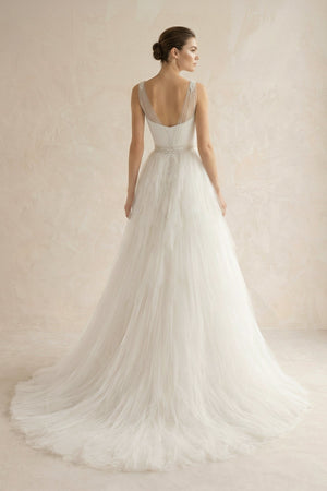 Square Neck Tulle A - Line Wedding Dress with Beaded - KissProm Wedding Dresses