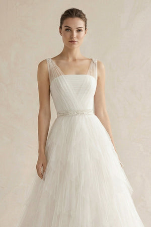 Square Neck Tulle A - Line Wedding Dress with Beaded - KissProm Wedding Dresses