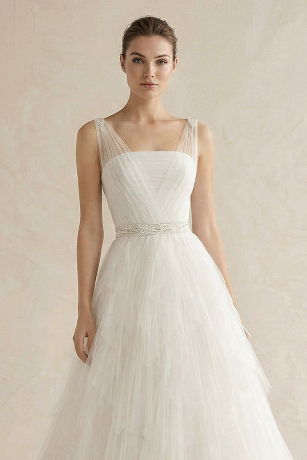 Square Neck Tulle A - Line Wedding Dress with Beaded - KissProm Wedding Dresses