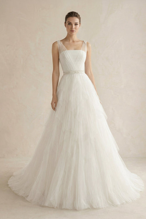 Square Neck Tulle A - Line Wedding Dress with Beaded - KissProm Wedding Dresses