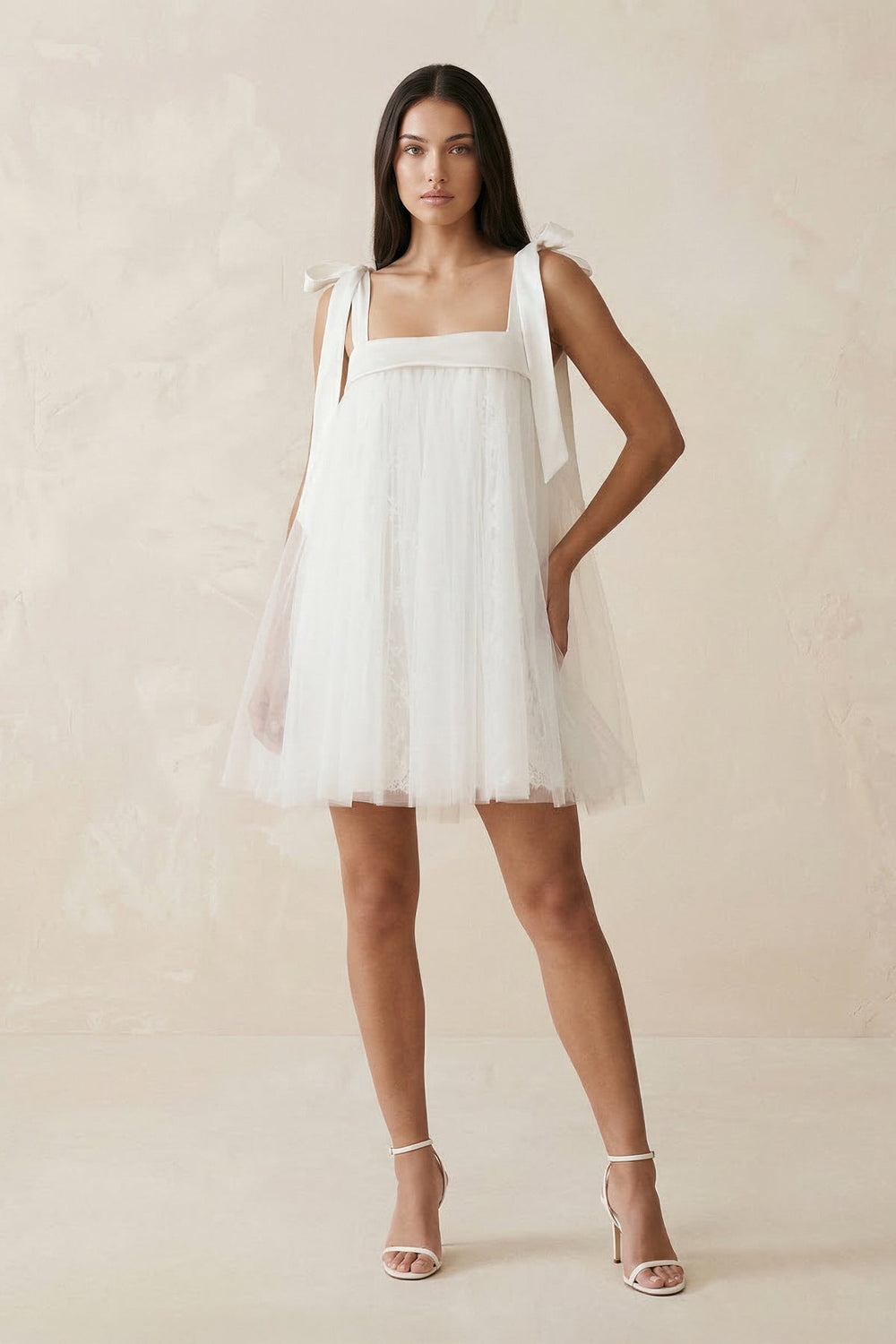 Square Neck Tulle A - Line Wedding Dress With Bow in White - KissProm Wedding Dresses