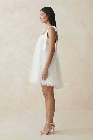 Square Neck Tulle A - Line Wedding Dress With Bow in White - KissProm Wedding Dresses