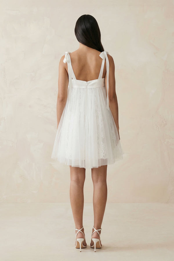 Square Neck Tulle A - Line Wedding Dress With Bow in White - KissProm Wedding Dresses