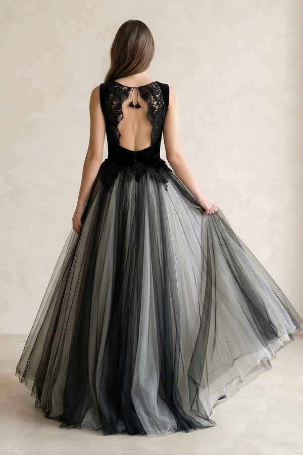 Square Neck Tulle Lace A - Line Wedding Dress in Black - KissProm Wedding Dresses
