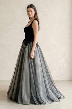 Square Neck Tulle Lace A - Line Wedding Dress in Black - KissProm Wedding Dresses