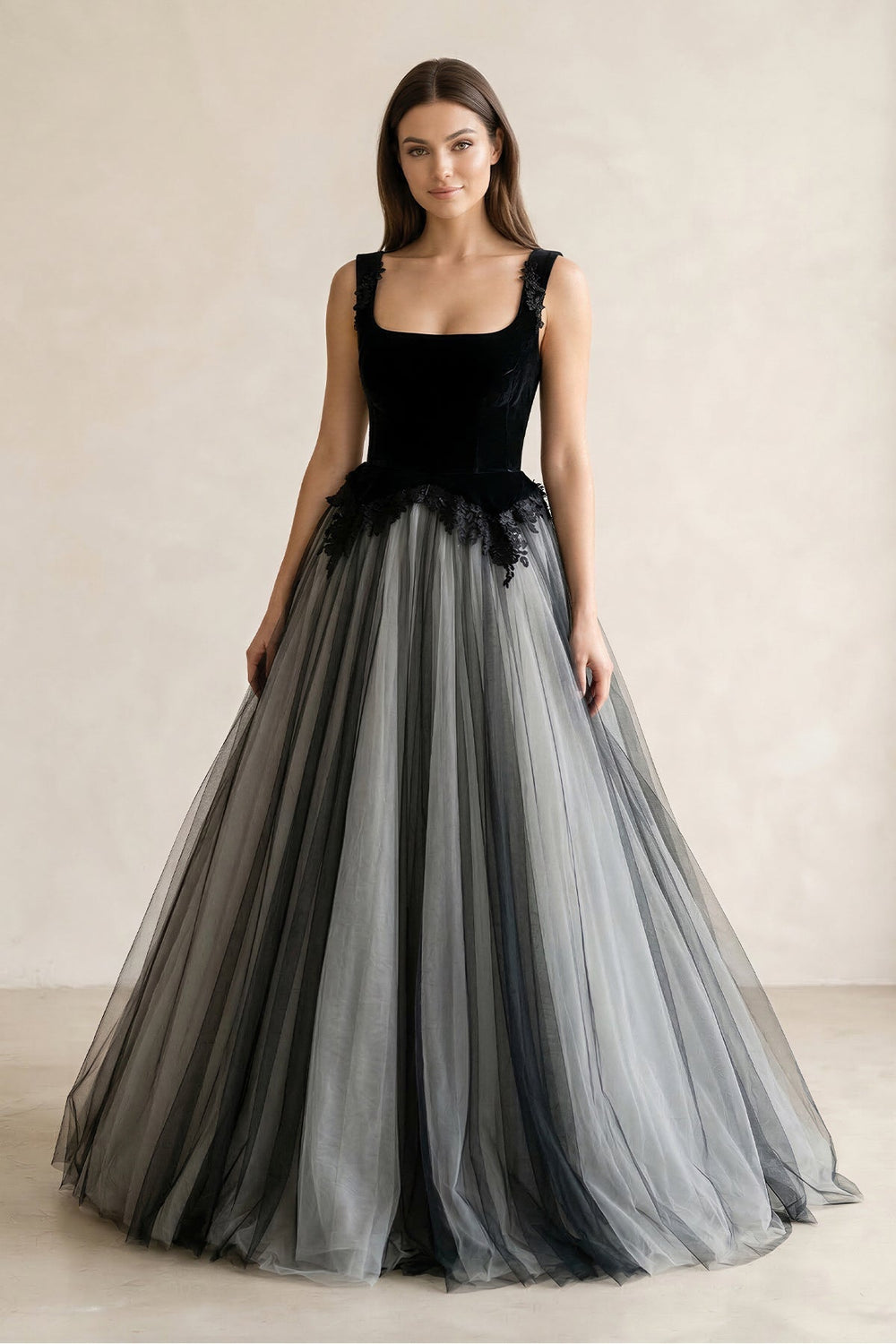 Square Neck Tulle Lace A - Line Wedding Dress in Black - KissProm Wedding Dresses