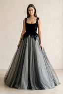 Square Neck Tulle Lace A - Line Wedding Dress in Black - KissProm Wedding Dresses