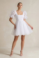 Square Neck Tulle Puff Sleeve A - Line Wedding Dress in White - KissProm Wedding Dresses