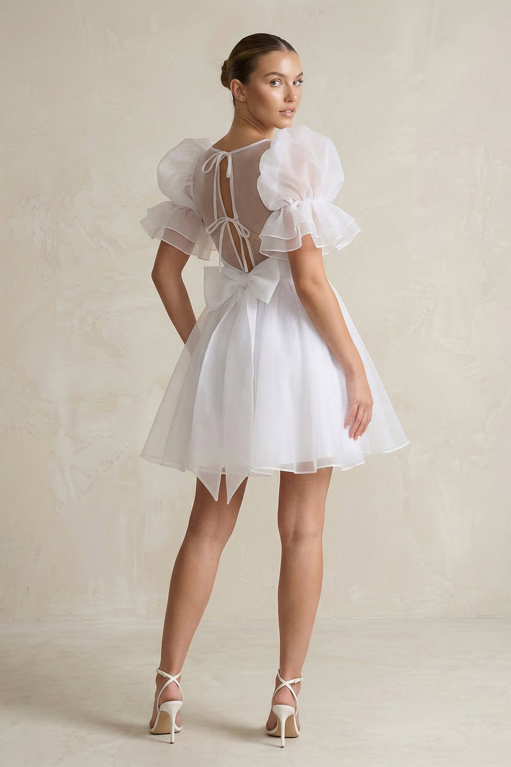 Square Neck Tulle Puff Sleeve A - Line Wedding Dress in White - KissProm Wedding Dresses
