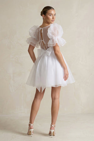Square Neck Tulle Puff Sleeve A - Line Wedding Dress in White - KissProm Wedding Dresses