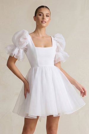 Square Neck Tulle Puff Sleeve A - Line Wedding Dress in White - KissProm Wedding Dresses