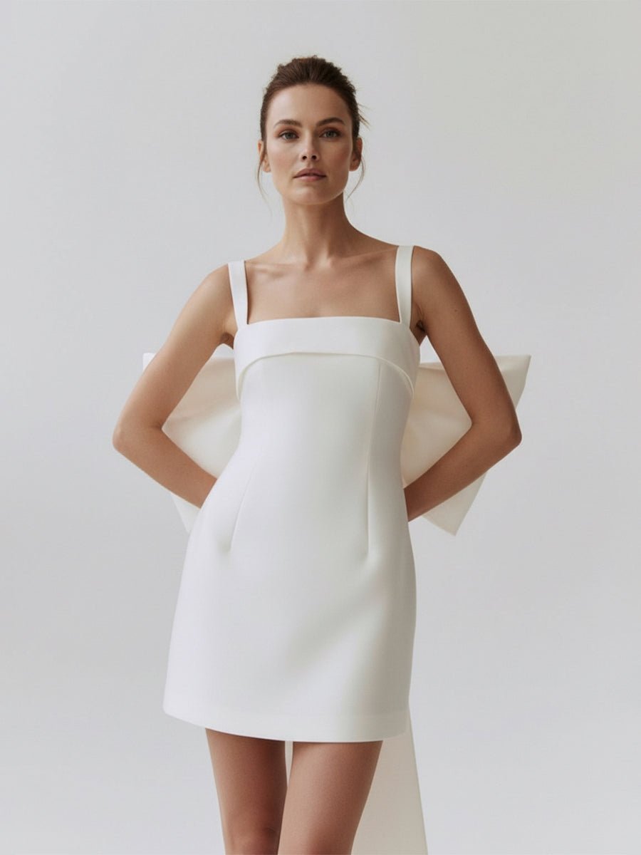 Yvaine | Square Neck White Satin Short Wedding Dress with Bow Back and Veil - KissProm