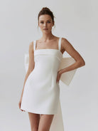 Yvaine | Square Neck White Satin Short Wedding Dress with Bow Back and Veil - KissProm