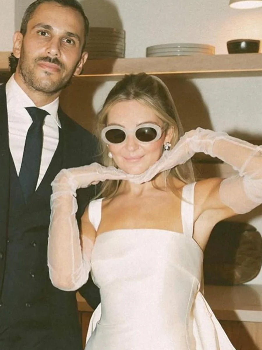 Yvaine | Square Neck White Satin Short Wedding Dress with Bow Back and Veil - KissProm