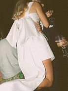 Yvaine | Square Neck White Satin Short Wedding Dress with Bow Back and Veil - KissProm