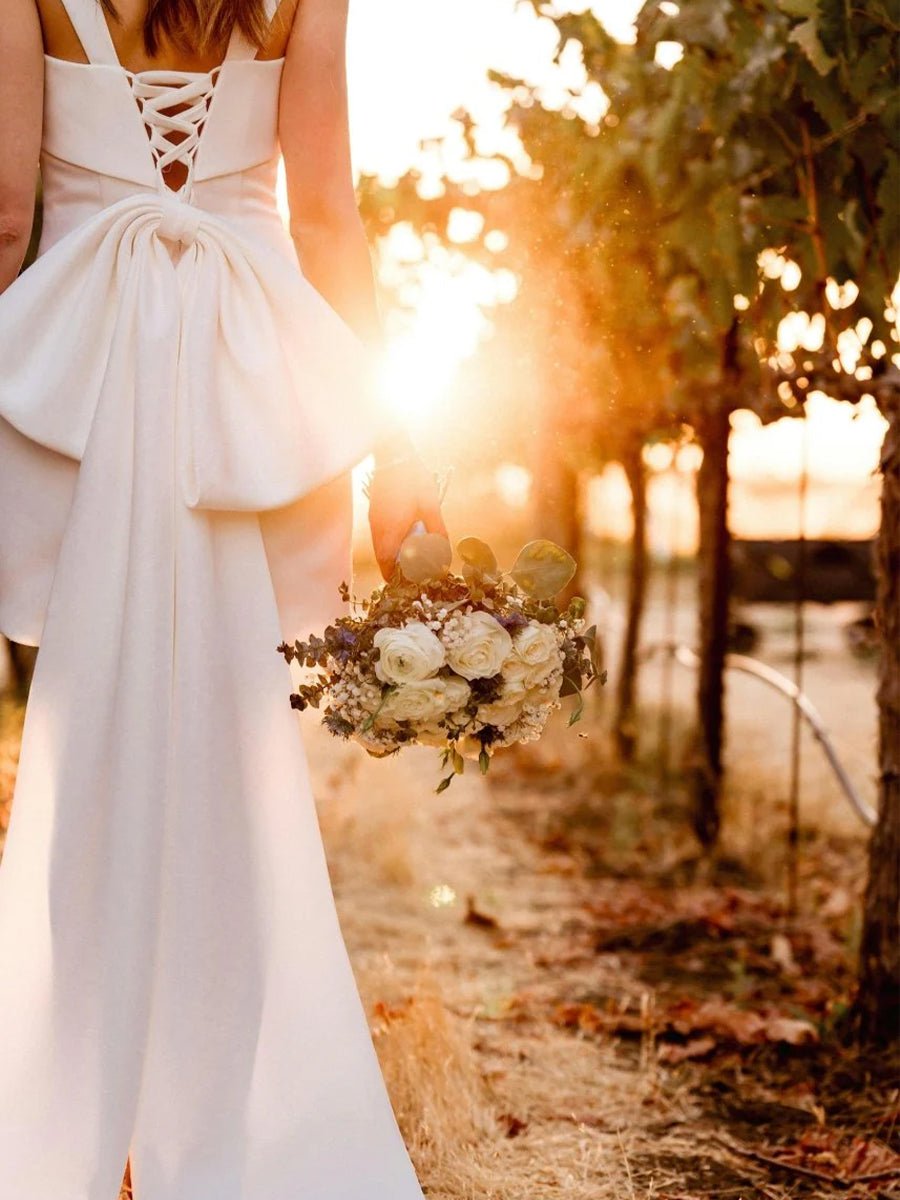 Yvaine | Square Neck White Satin Short Wedding Dress with Bow Back and Veil - KissProm