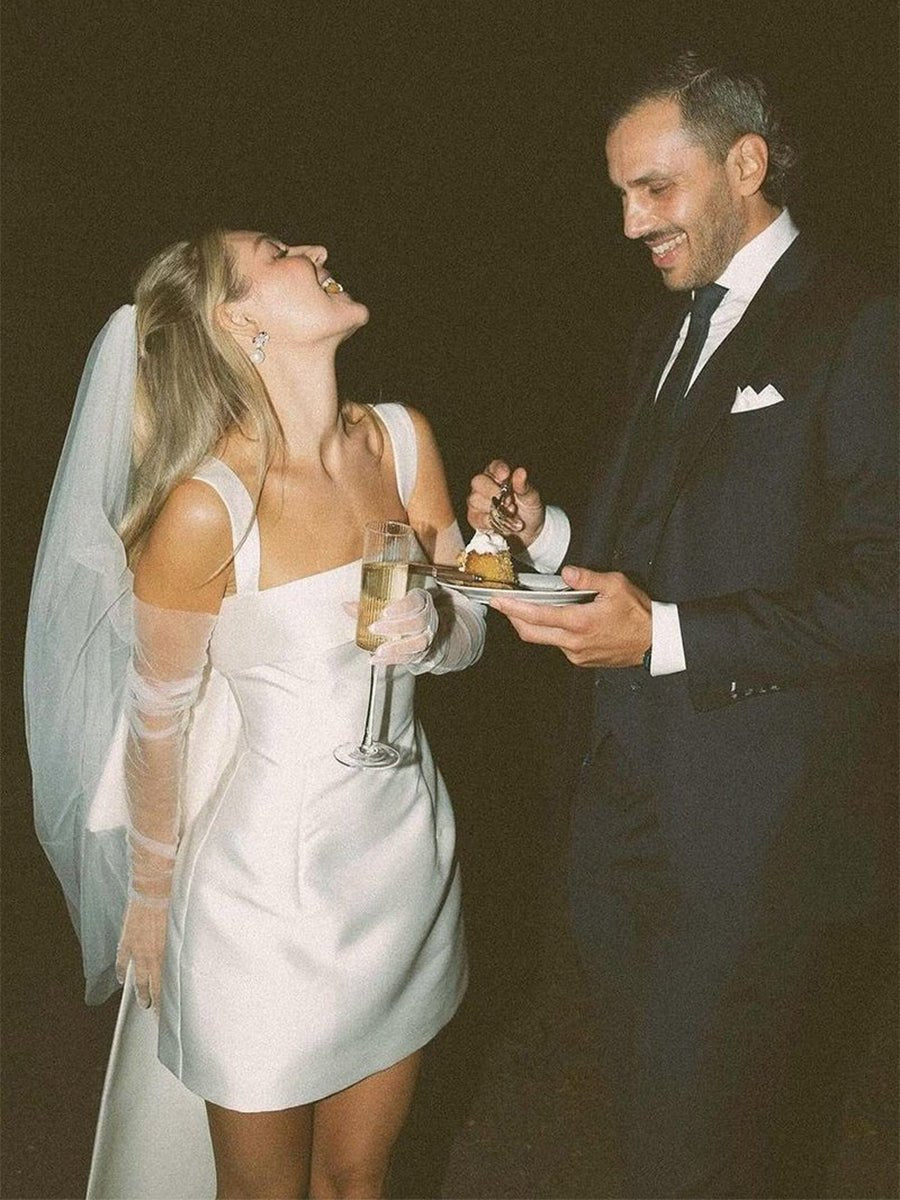 Yvaine | Square Neck White Satin Short Wedding Dress with Bow Back and Veil - KissProm