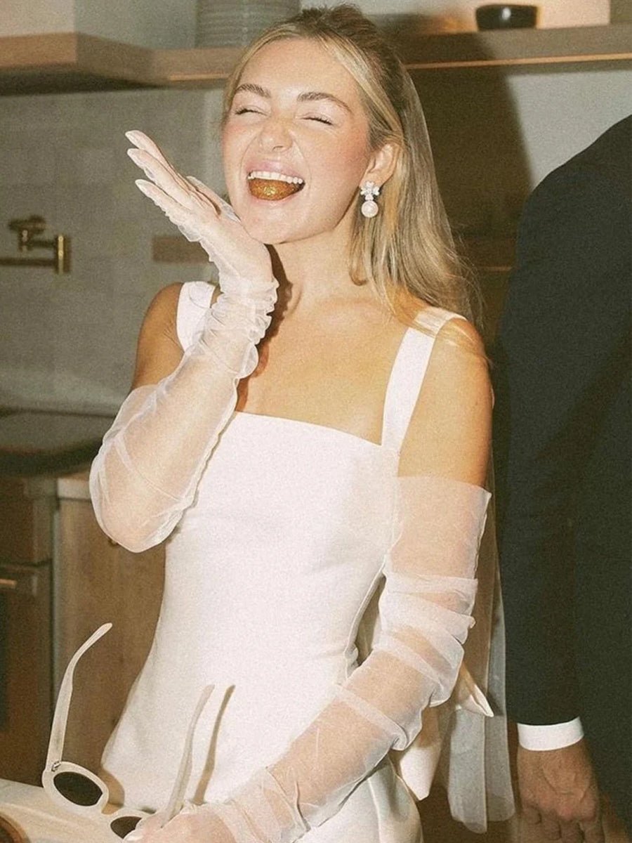 Yvaine | Square Neck White Satin Short Wedding Dress with Bow Back and Veil - KissProm