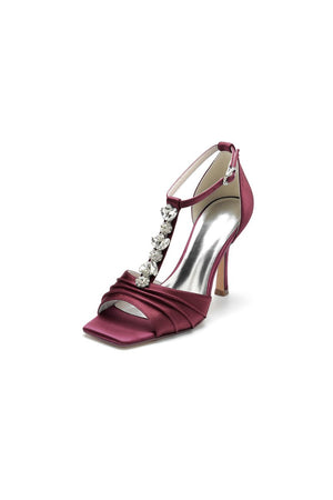 Square Open Toe Ankle Strap Satin Stiletto Heels With Rhinestone Strappy - KissProm