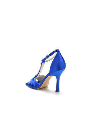 Square Open Toe Ankle Strap Satin Stiletto Heels With Rhinestone Strappy - KissProm