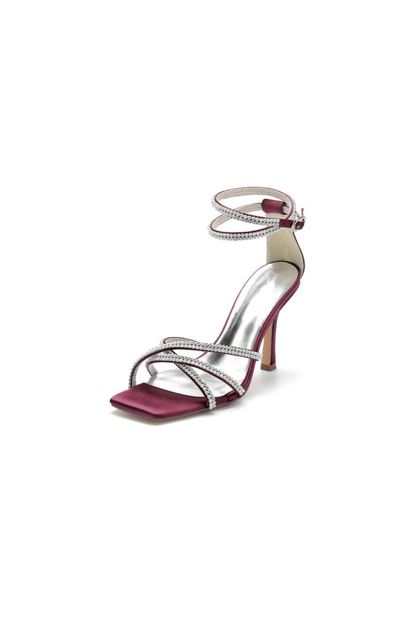 Square Open - Toe Beaded Strap Buckle Stiletto Heels - KissProm