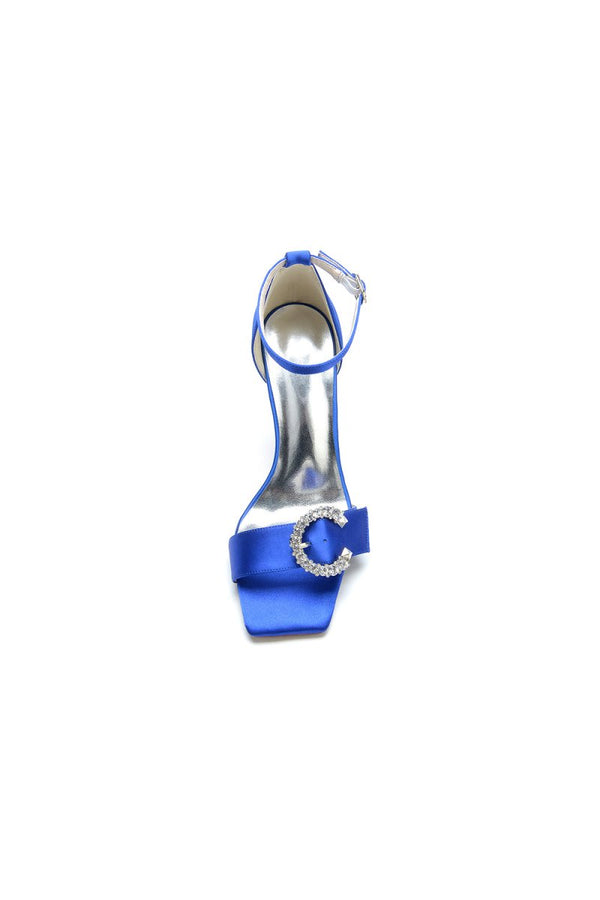 Square Open Toe Crystal Buckle Strap Chunky Heels - KissProm
