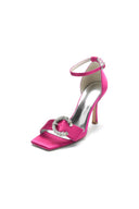 Square Open Toe Crystal Buckle Strap Chunky Heels - KissProm