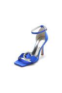 Square Open Toe Crystal Buckle Strap Chunky Heels - KissProm