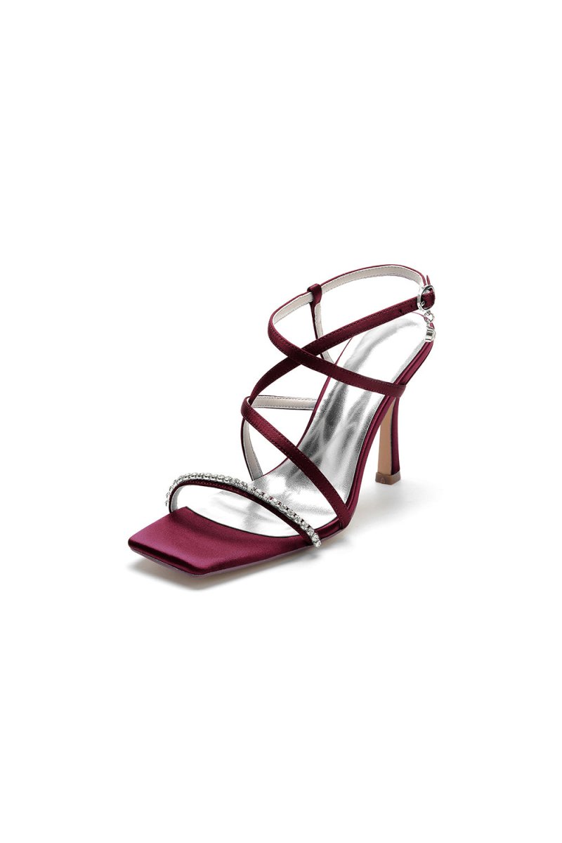 Square Open Toe Crystal Cross Straps Chunky Heels - KissProm