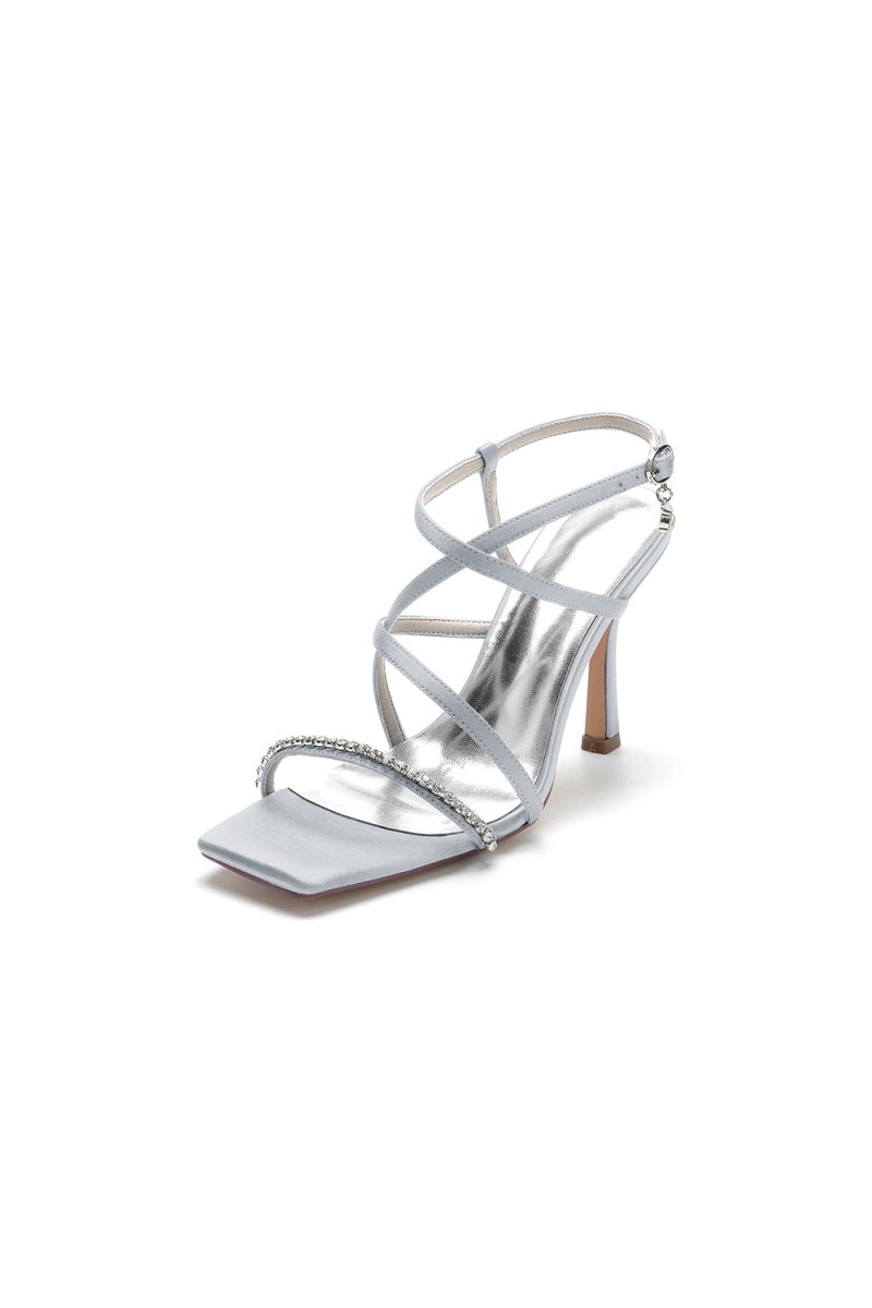 Square Open Toe Crystal Cross Straps Chunky Heels - KissProm
